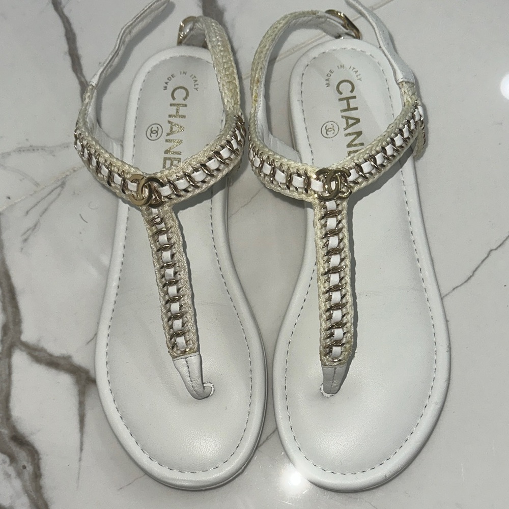 Chanel White and Gold T-Strap Sandals